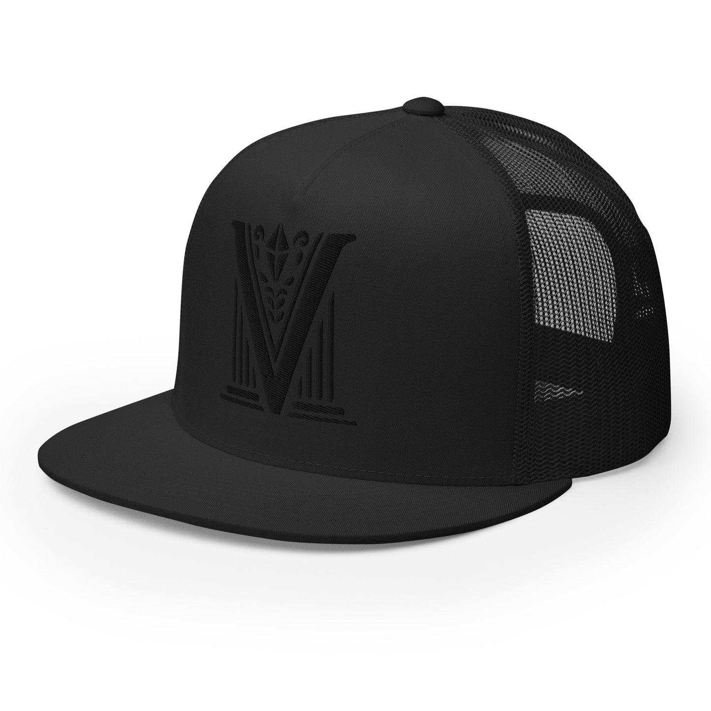 Embroidered - Black Virtus Logo Flat Billed Trucker Hat