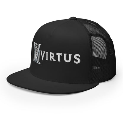 Embroidered - White Virtus Flat Billed Trucker Hat