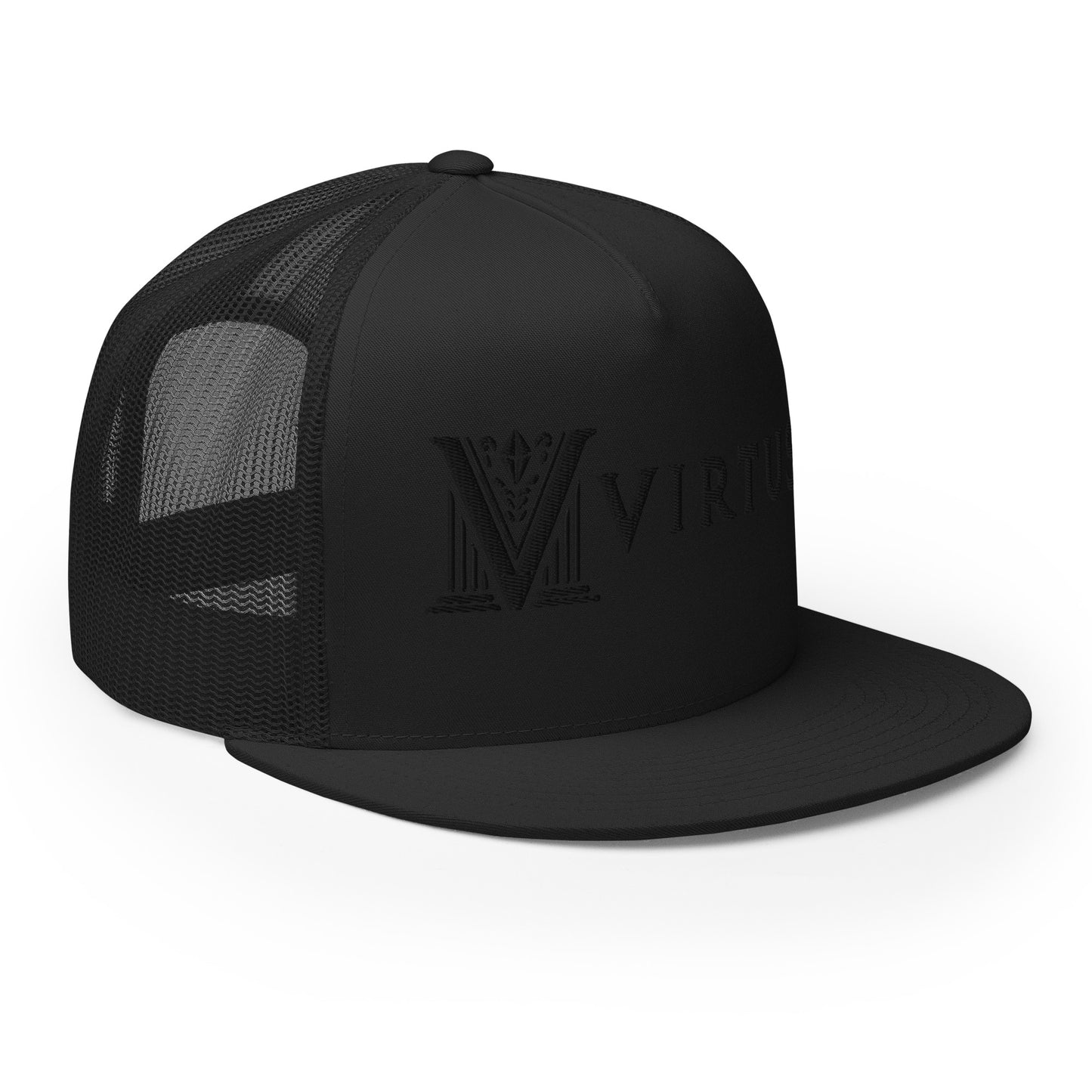 Embroidered - Black Virtus Flat Billed Trucker Hat