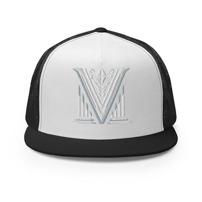 Embroidered - White Virtus Logo Flat Billed Trucker Hat