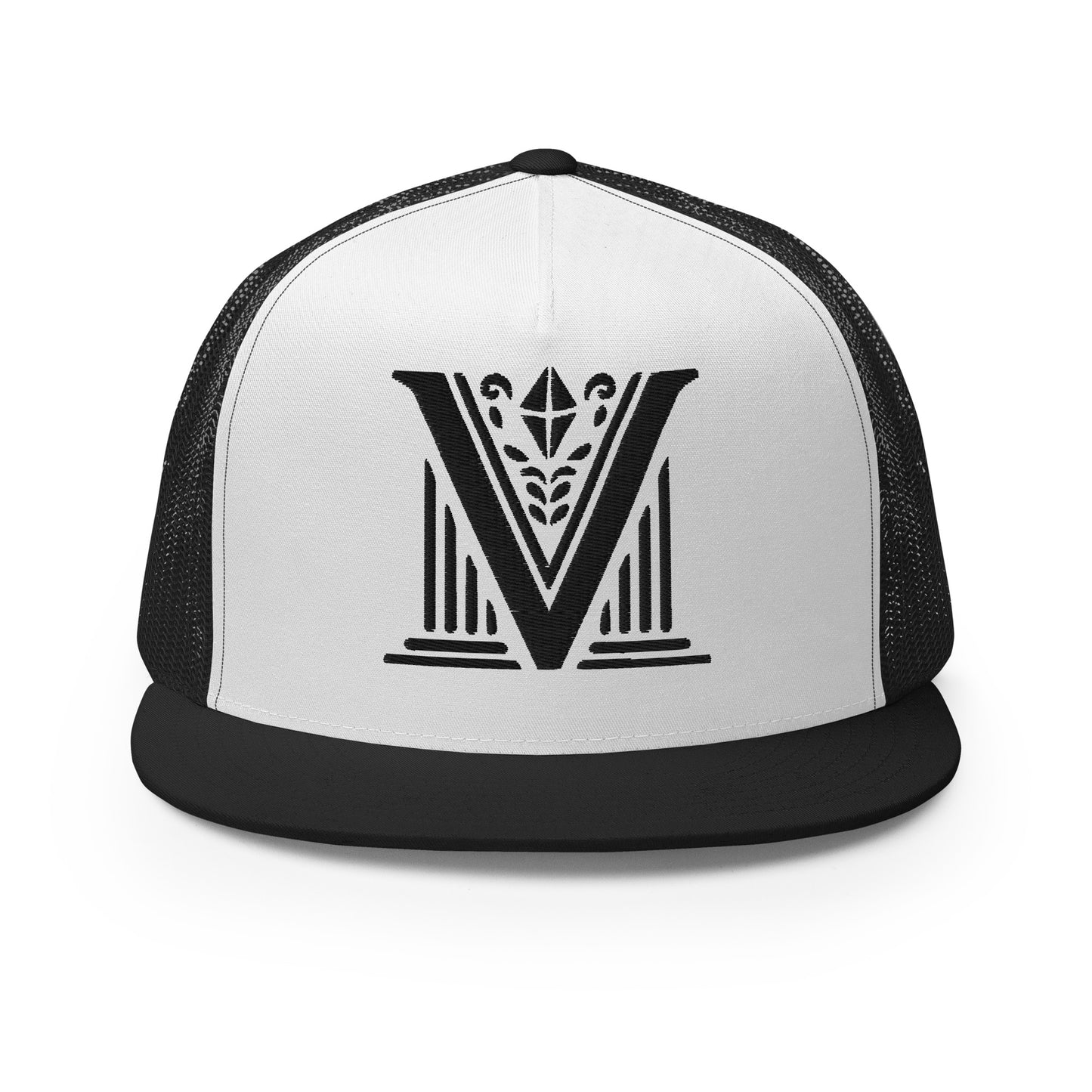 Embroidered - Black Virtus Logo Flat Billed Trucker Hat