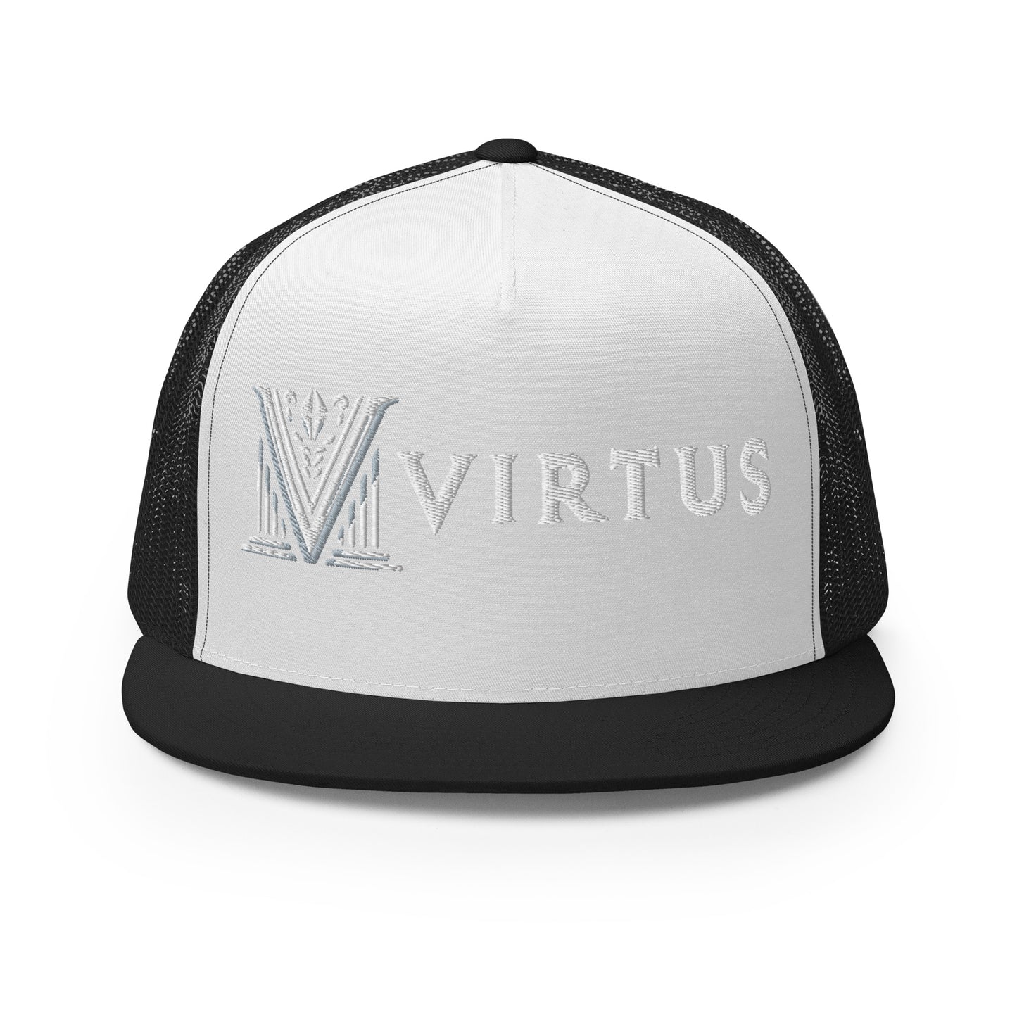 Embroidered - White Virtus Flat Billed Trucker Hat