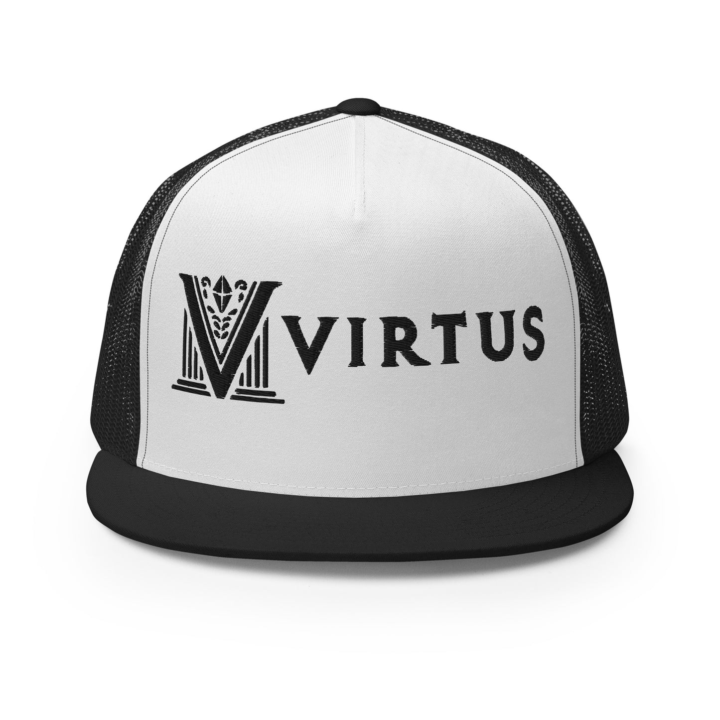 Embroidered - Black Virtus Flat Billed Trucker Hat