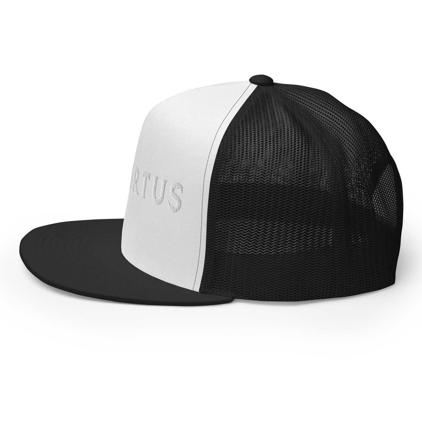 Embroidered - White Virtus Flat Billed Trucker Hat