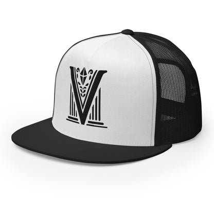 Embroidered - Black Virtus Logo Flat Billed Trucker Hat