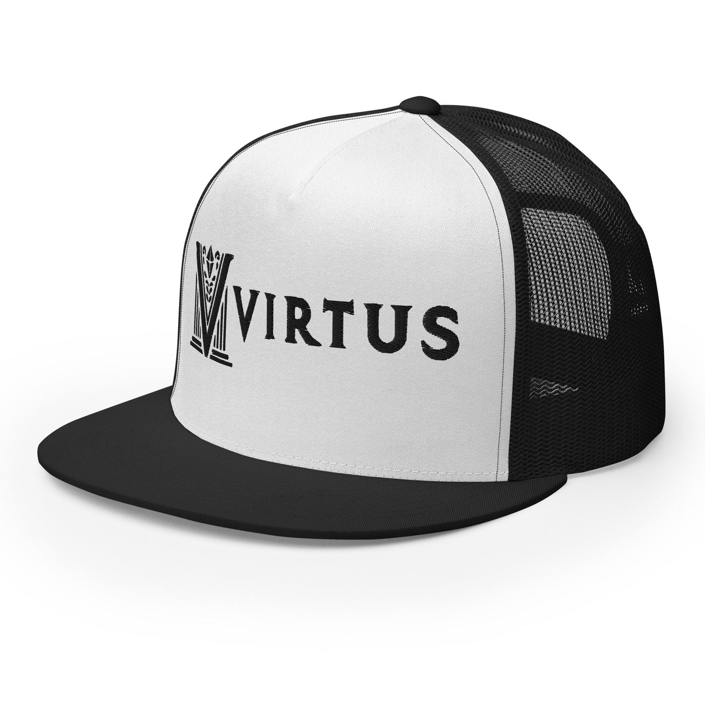 Embroidered - Black Virtus Flat Billed Trucker Hat