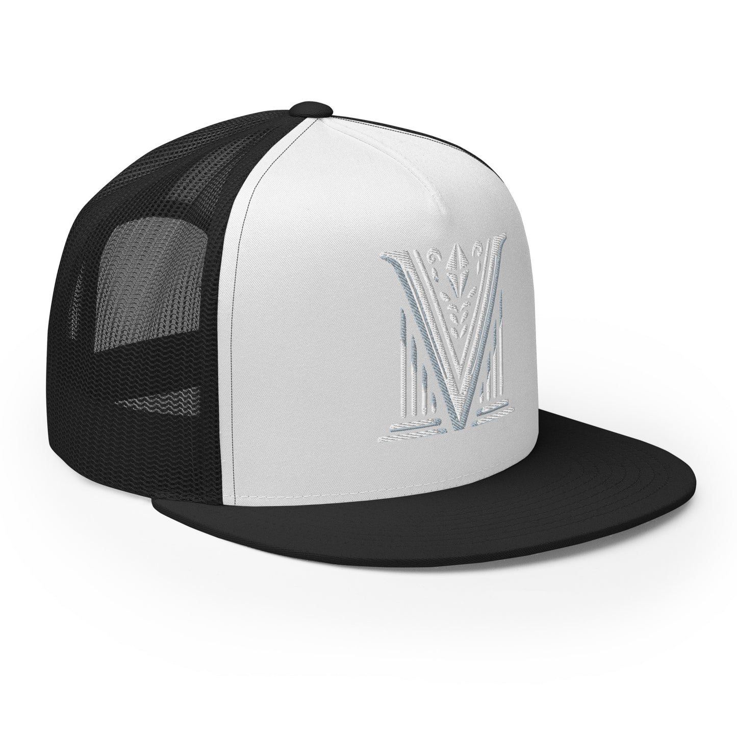 Embroidered - White Virtus Logo Flat Billed Trucker Hat