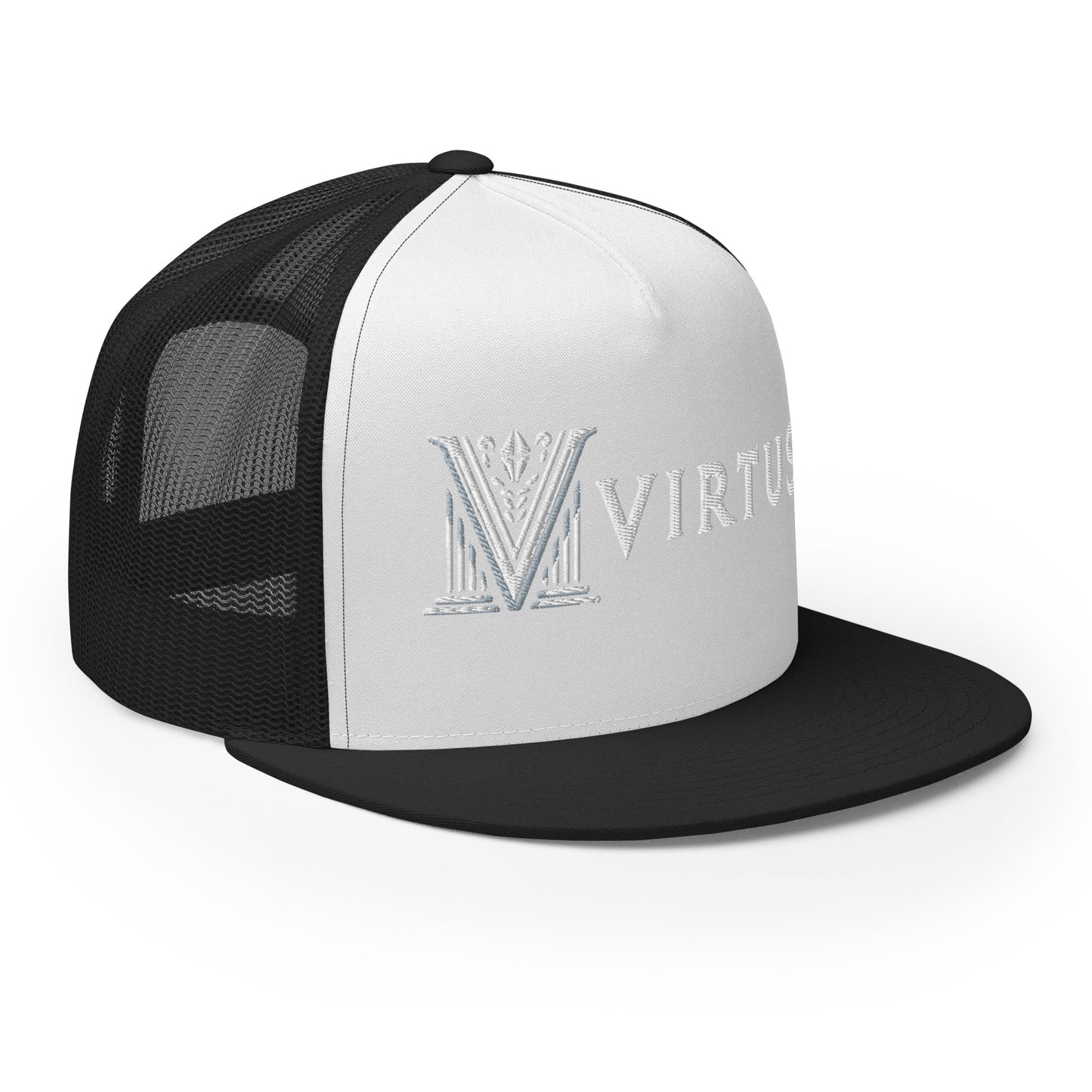 Embroidered - White Virtus Flat Billed Trucker Hat