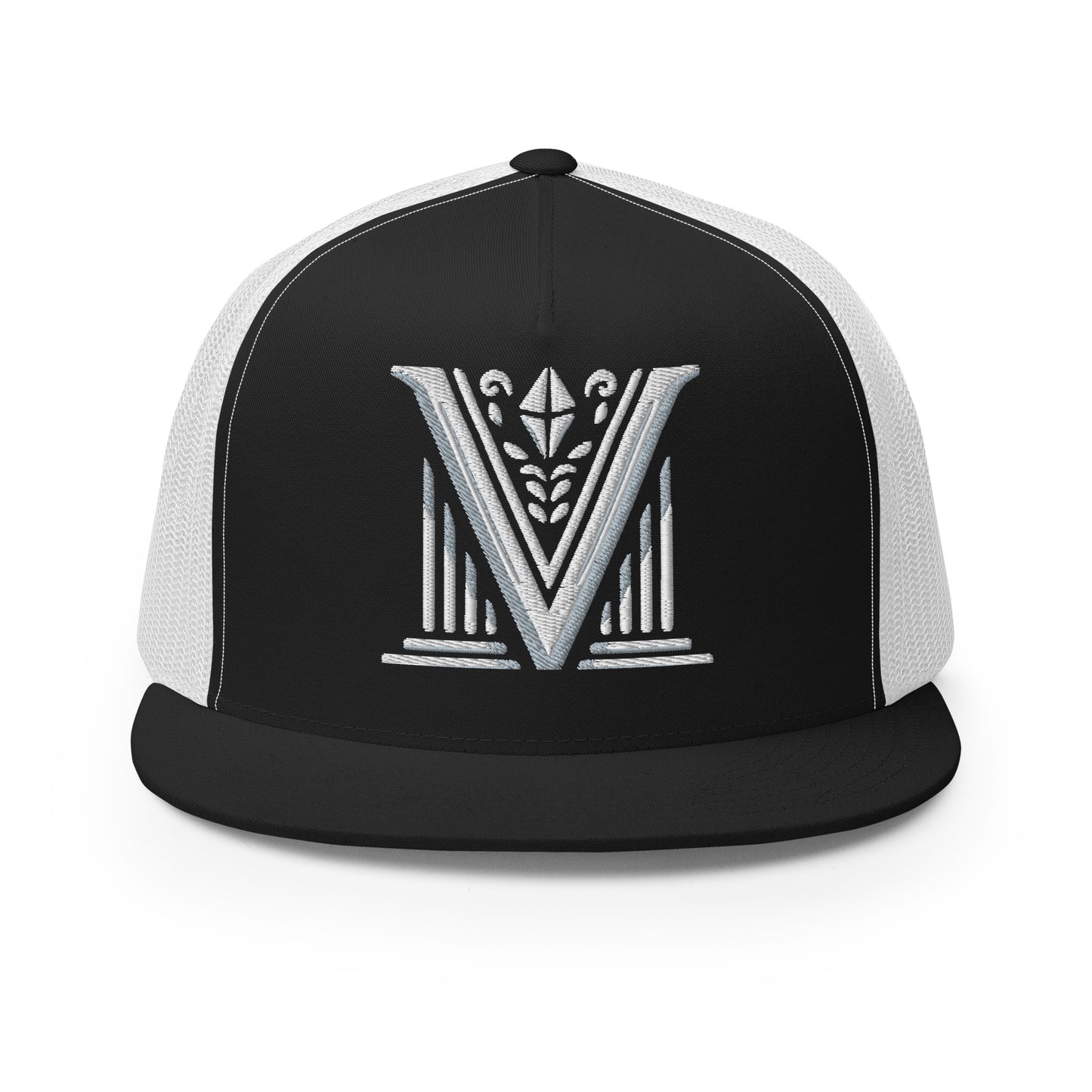 Embroidered - White Virtus Logo Flat Billed Trucker Hat