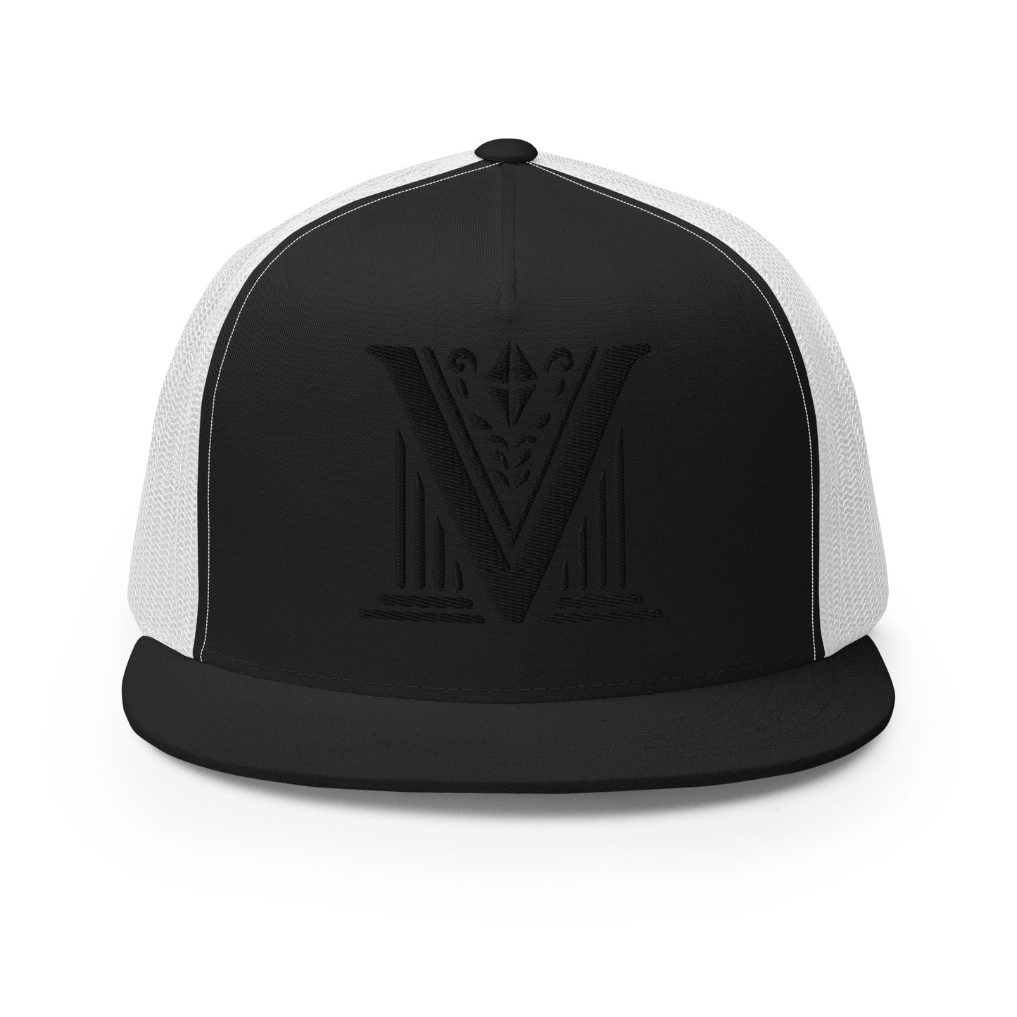 Embroidered - Black Virtus Logo Flat Billed Trucker Hat