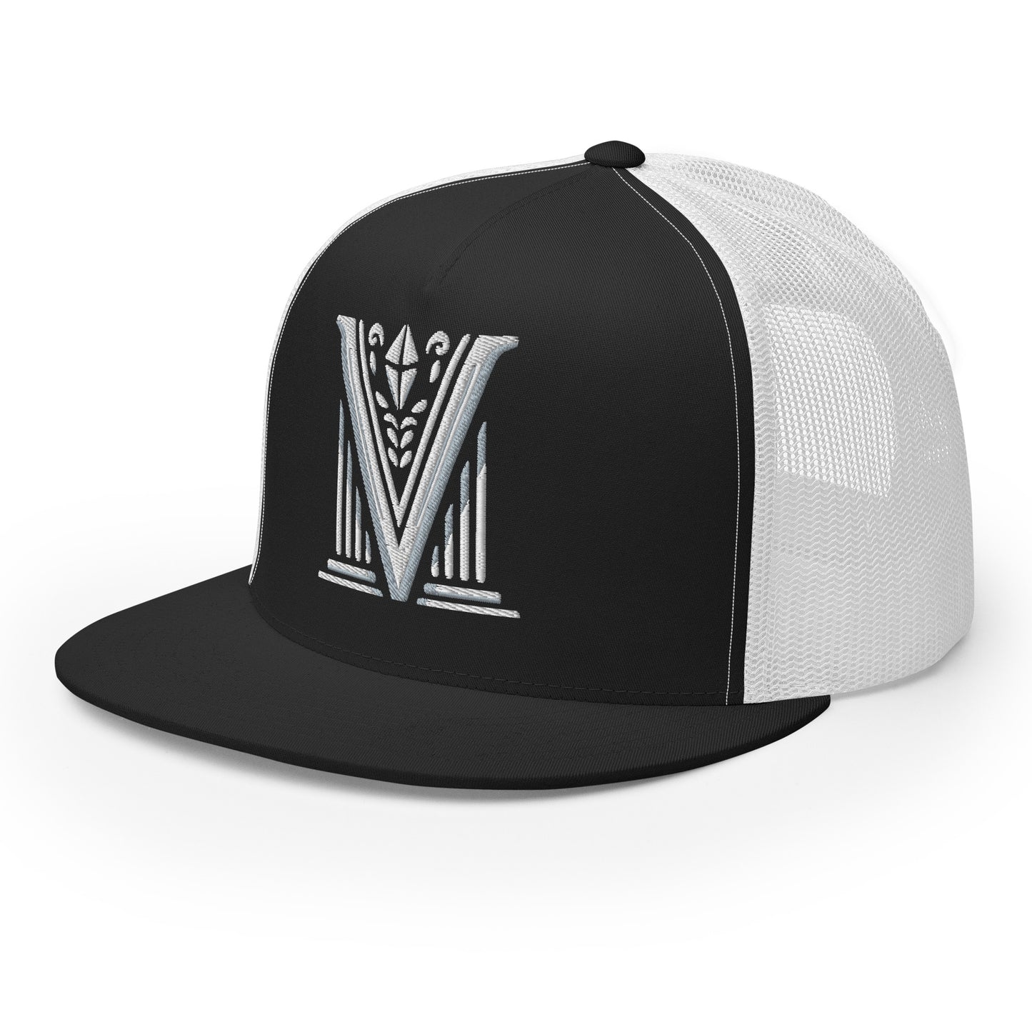 Embroidered - White Virtus Logo Flat Billed Trucker Hat