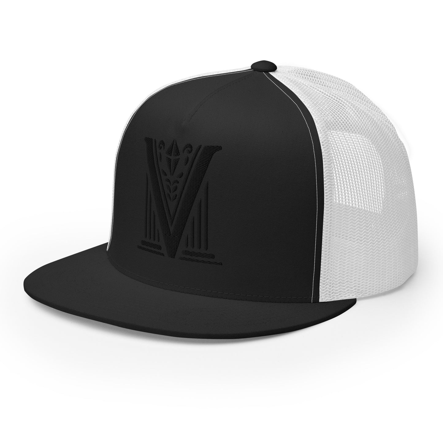 Embroidered - Black Virtus Logo Flat Billed Trucker Hat