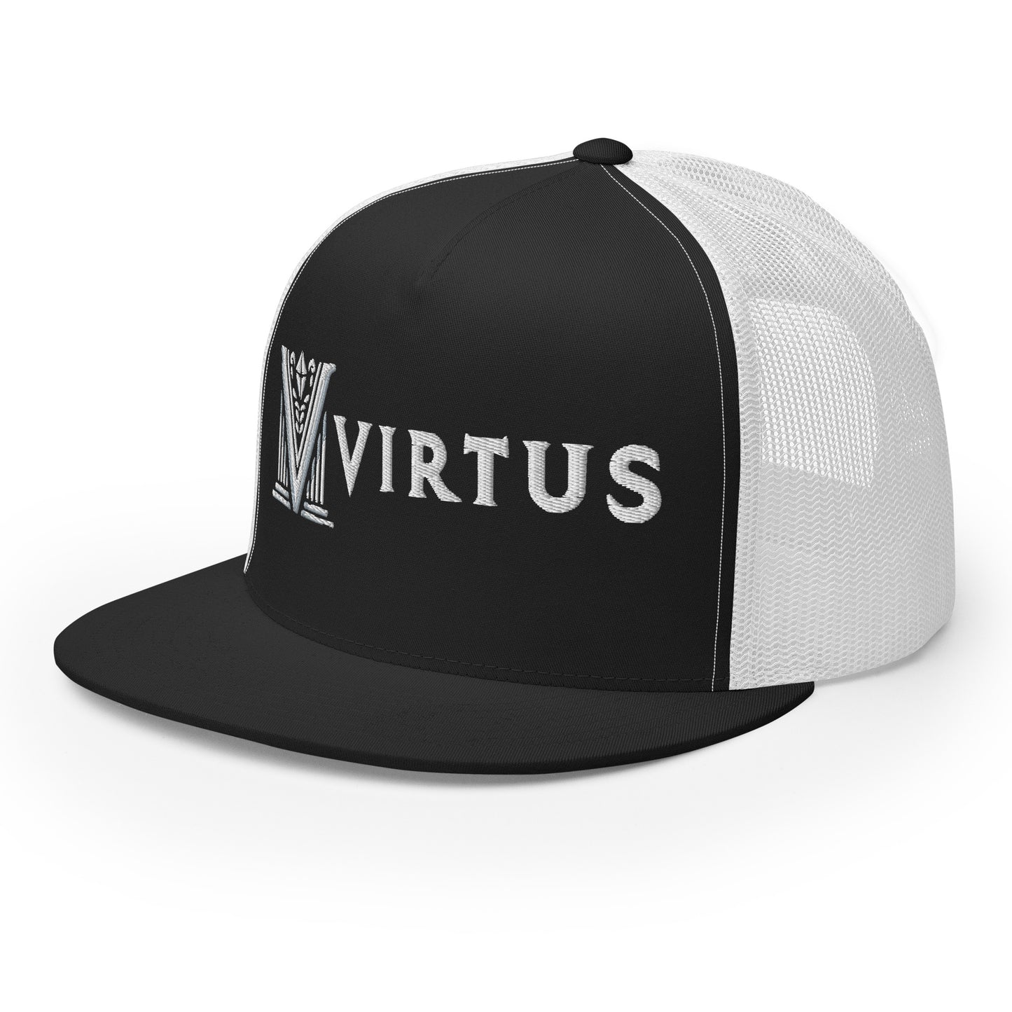 Embroidered - White Virtus Flat Billed Trucker Hat