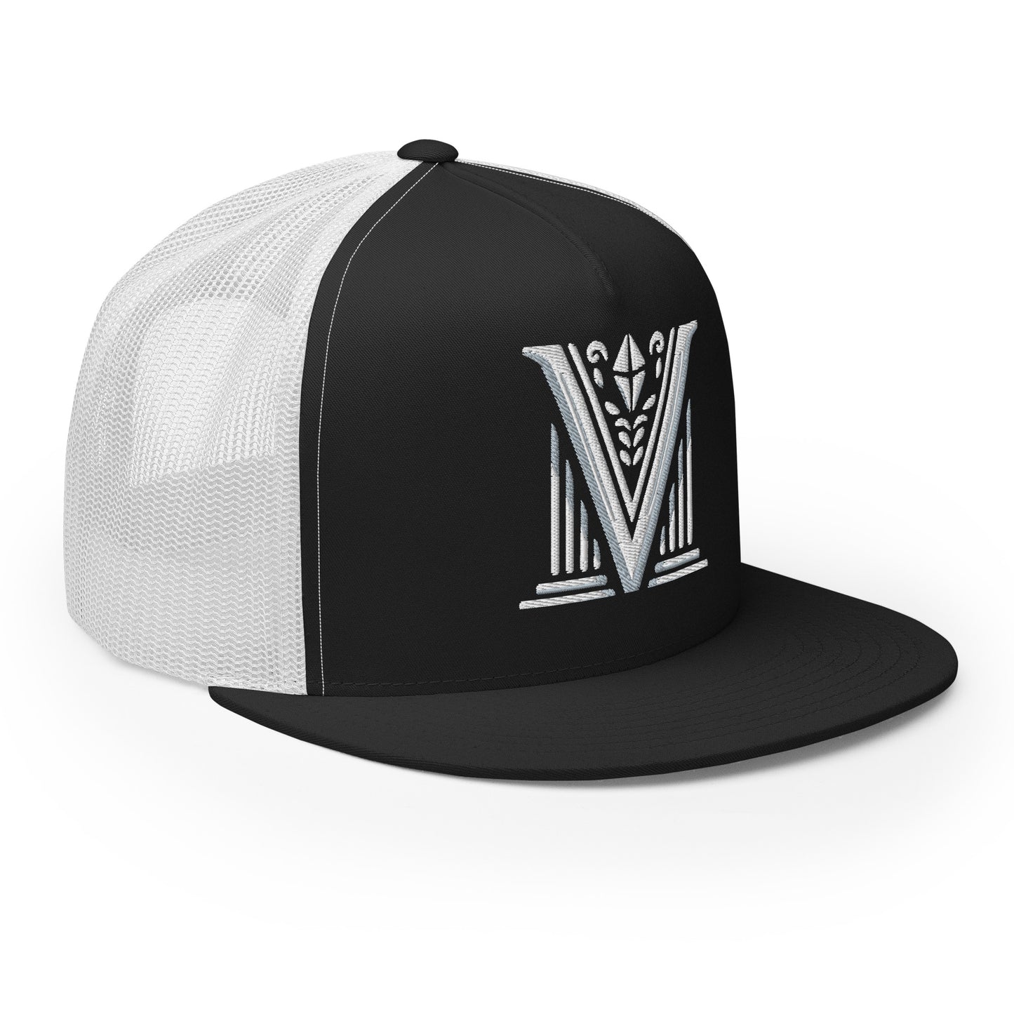 Embroidered - White Virtus Logo Flat Billed Trucker Hat