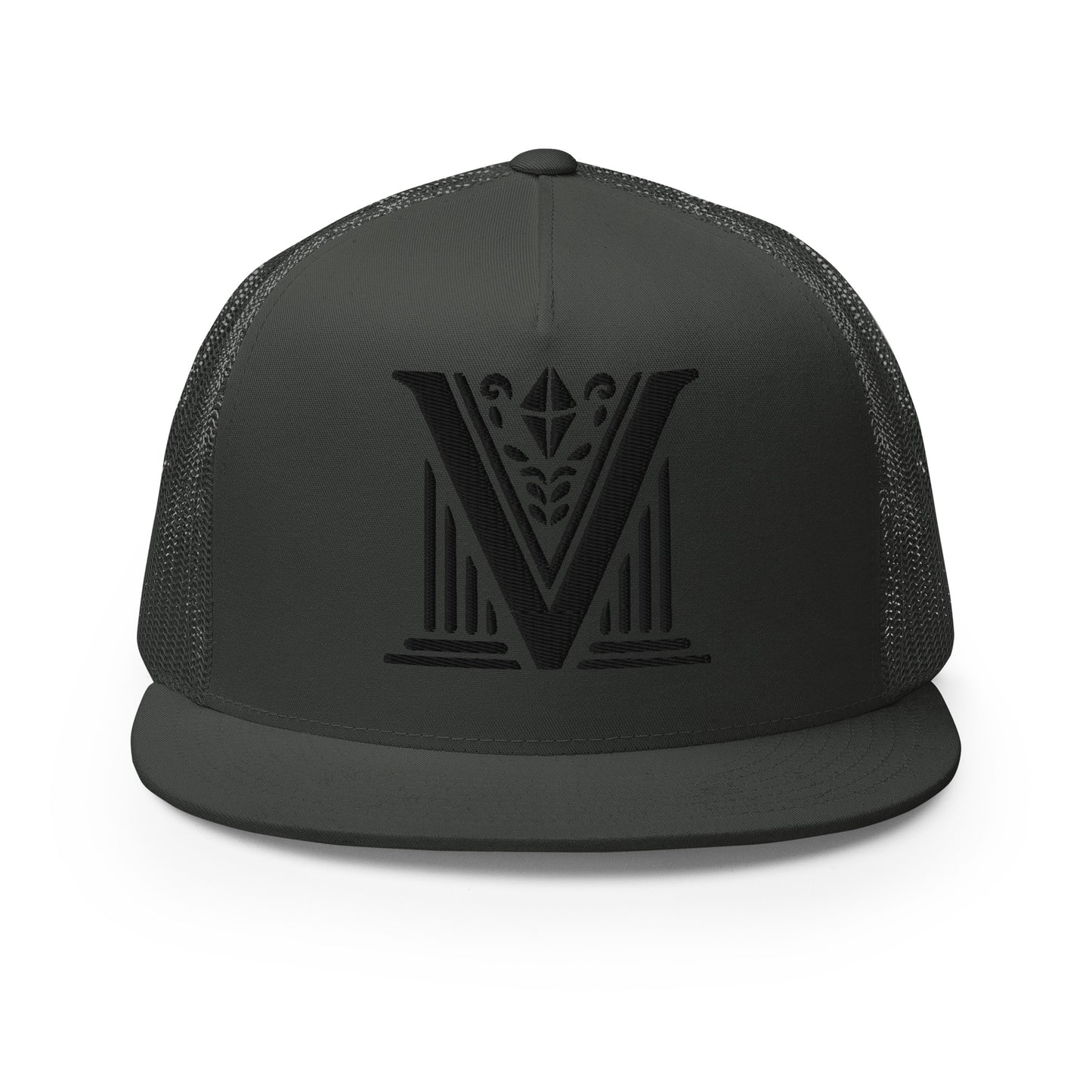 Embroidered - Black Virtus Logo Flat Billed Trucker Hat