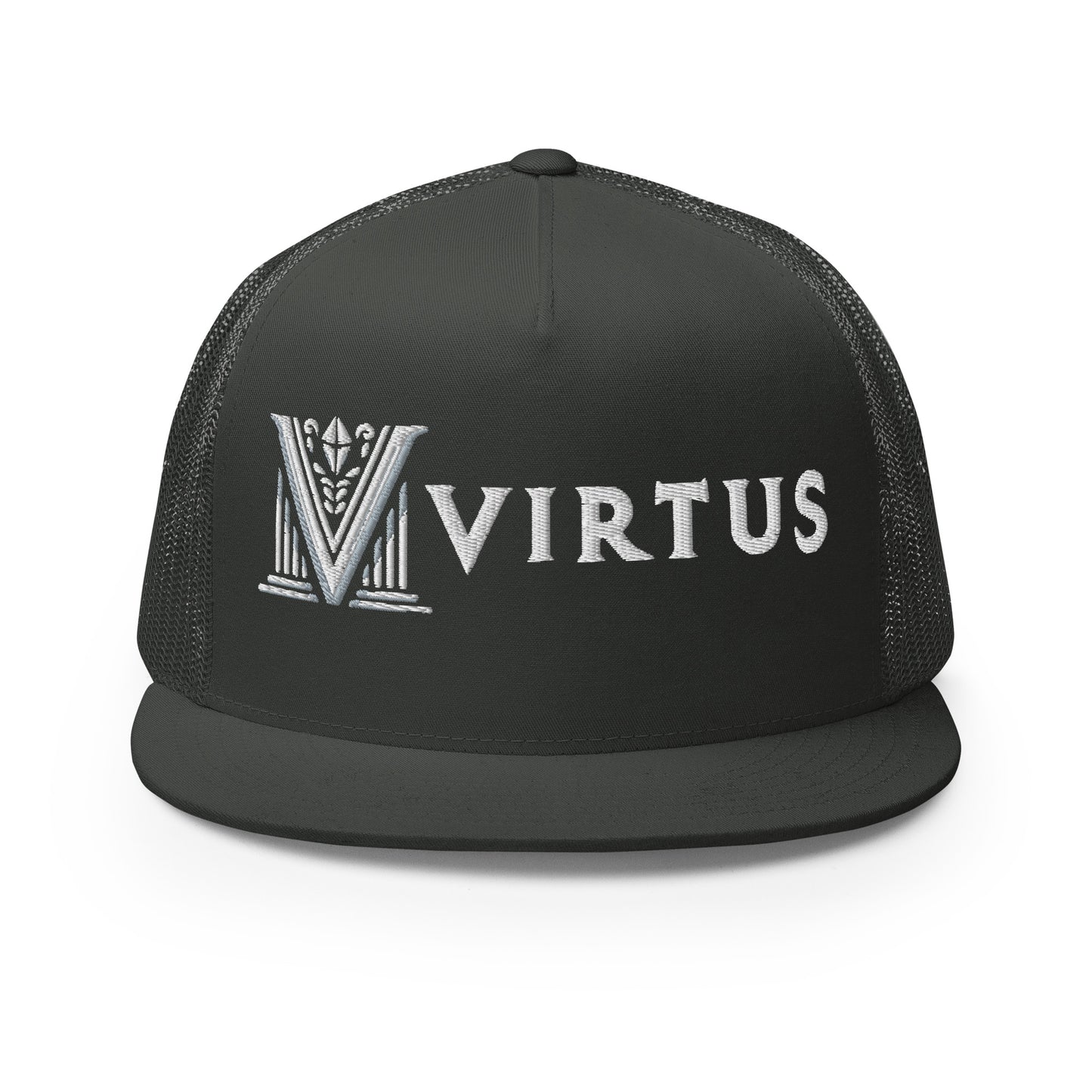 Embroidered - White Virtus Flat Billed Trucker Hat