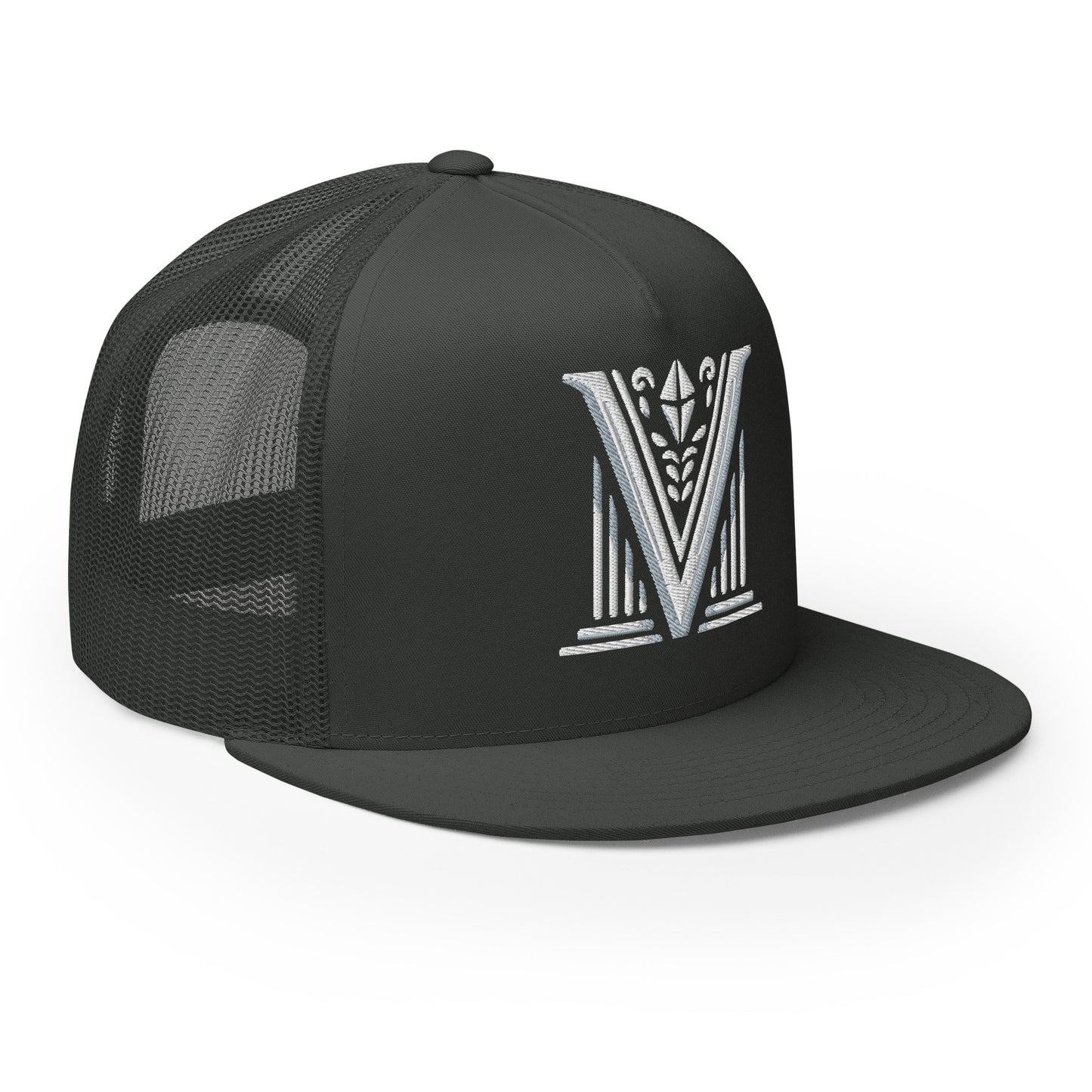 Embroidered - White Virtus Logo Flat Billed Trucker Hat