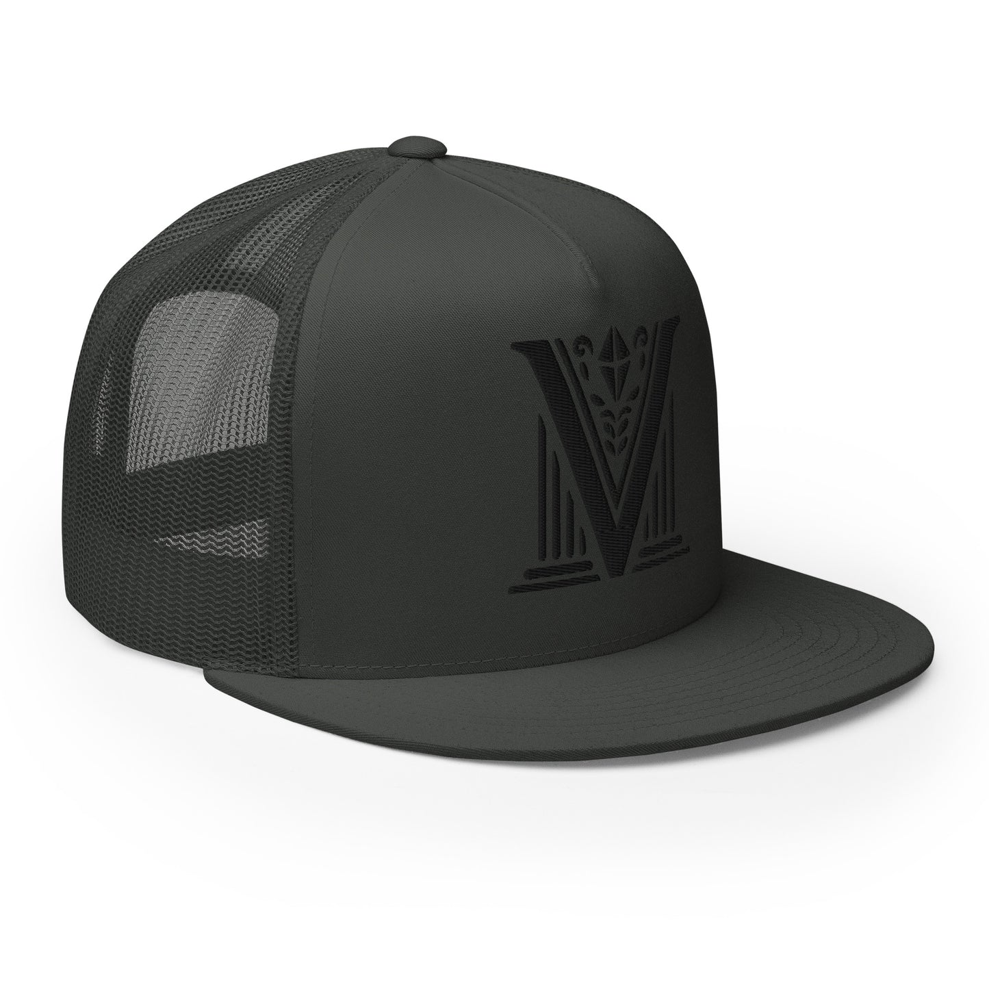 Embroidered - Black Virtus Logo Flat Billed Trucker Hat