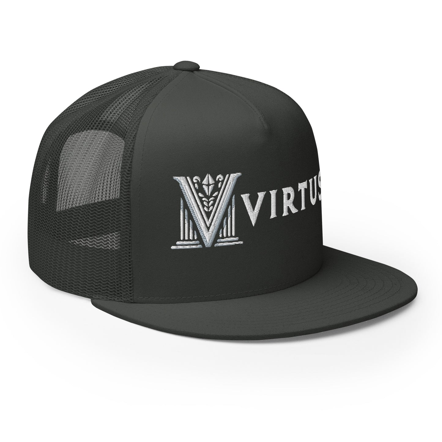 Embroidered - White Virtus Flat Billed Trucker Hat