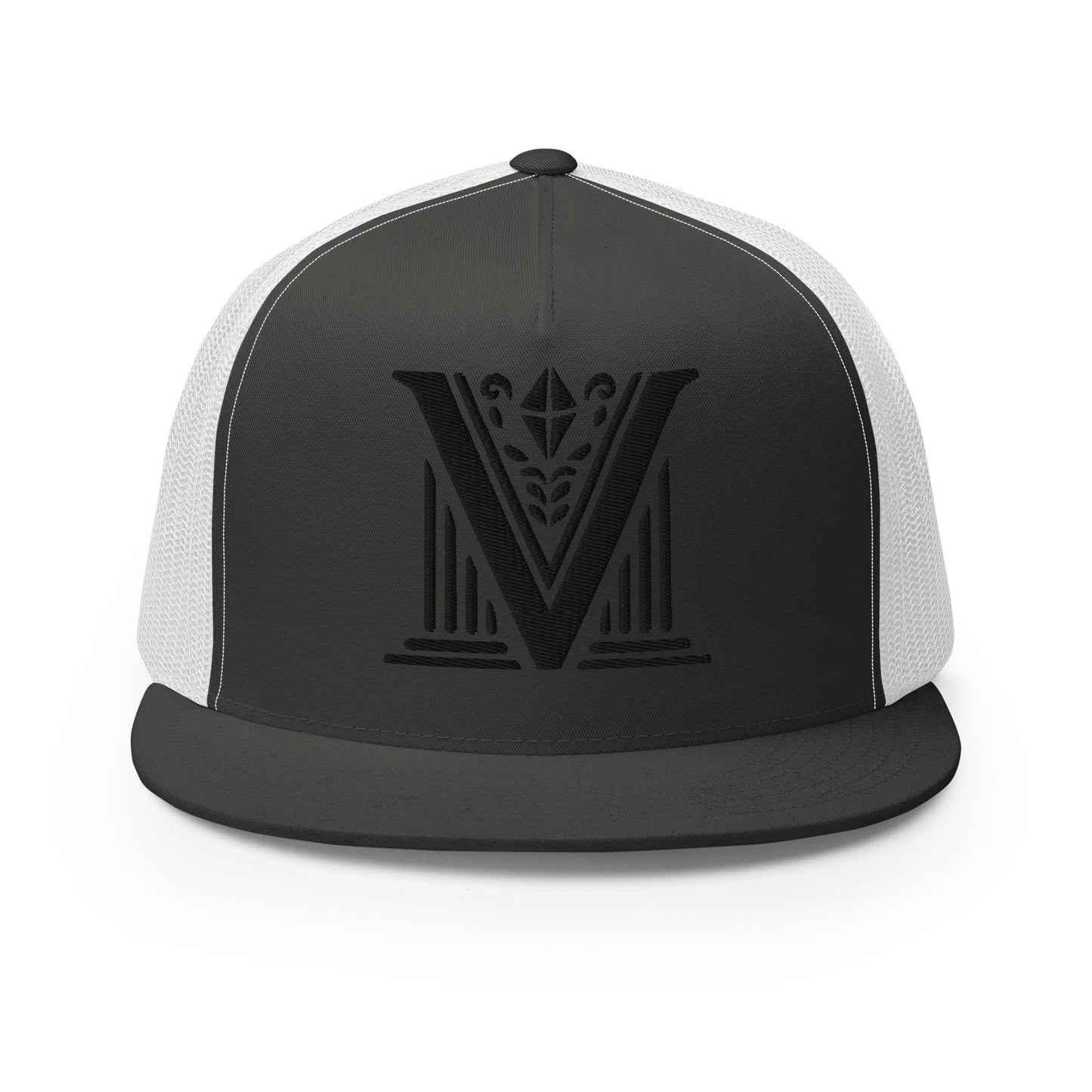 Embroidered - Black Virtus Logo Flat Billed Trucker Hat