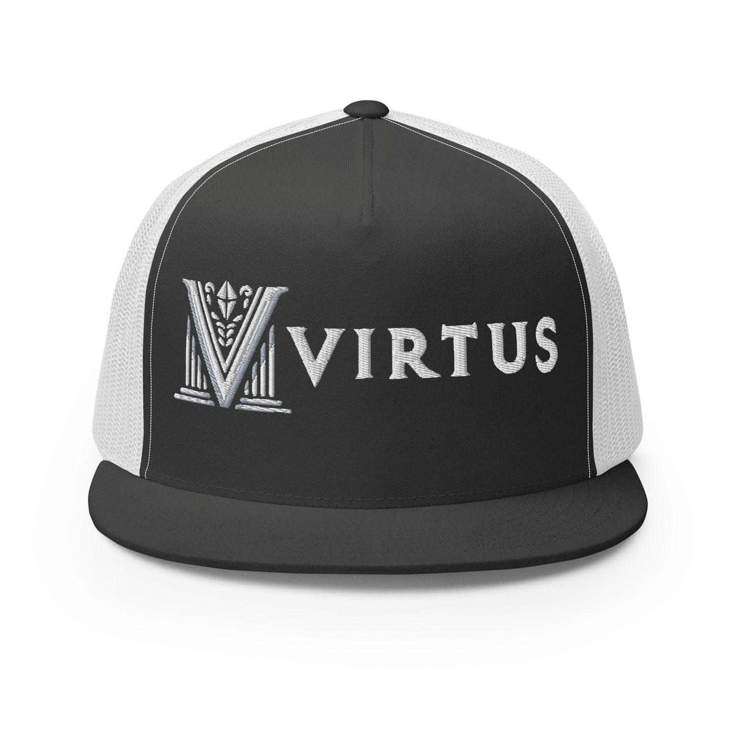 Embroidered - White Virtus Flat Billed Trucker Hat