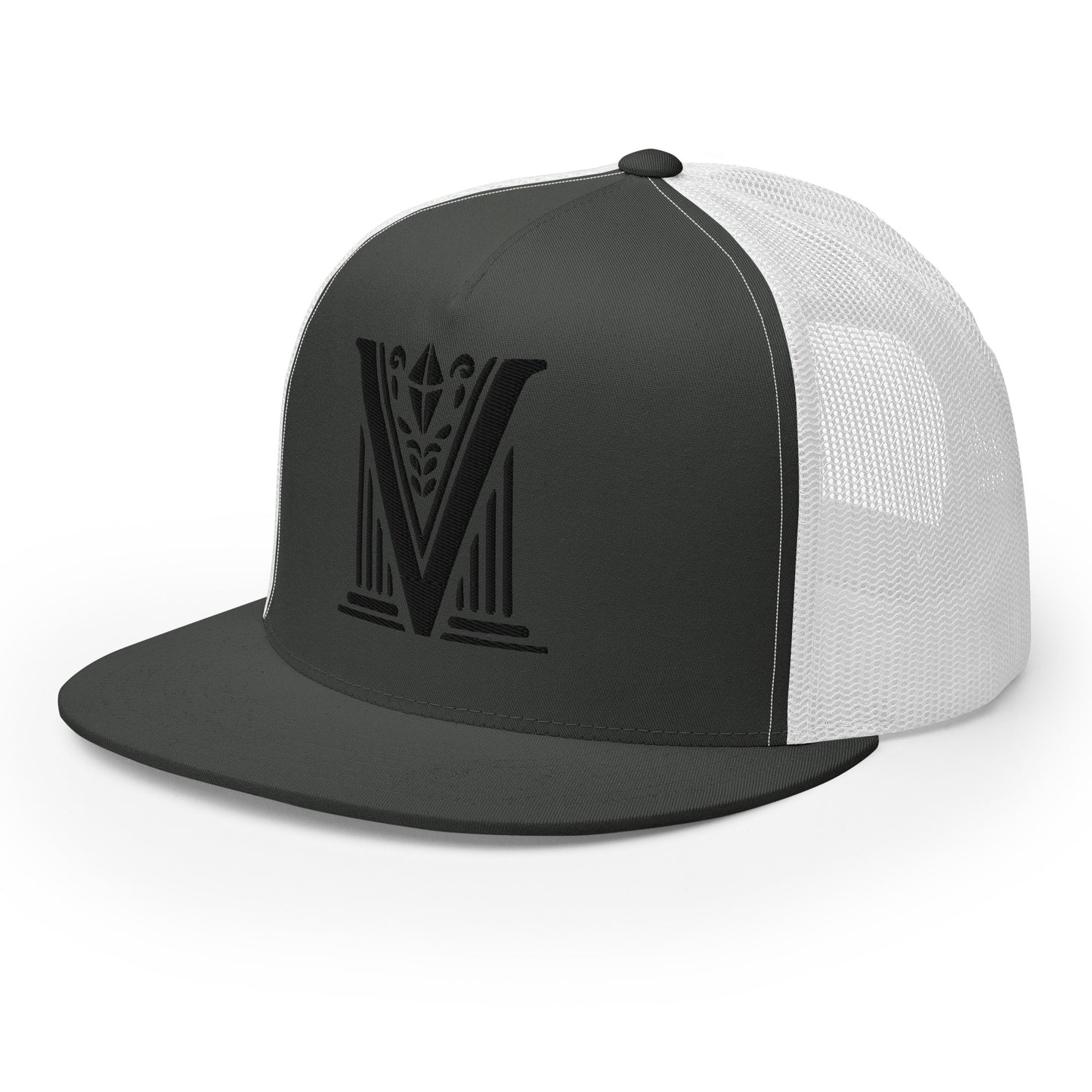 Embroidered - Black Virtus Logo Flat Billed Trucker Hat