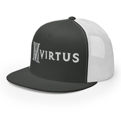 Embroidered - White Virtus Flat Billed Trucker Hat