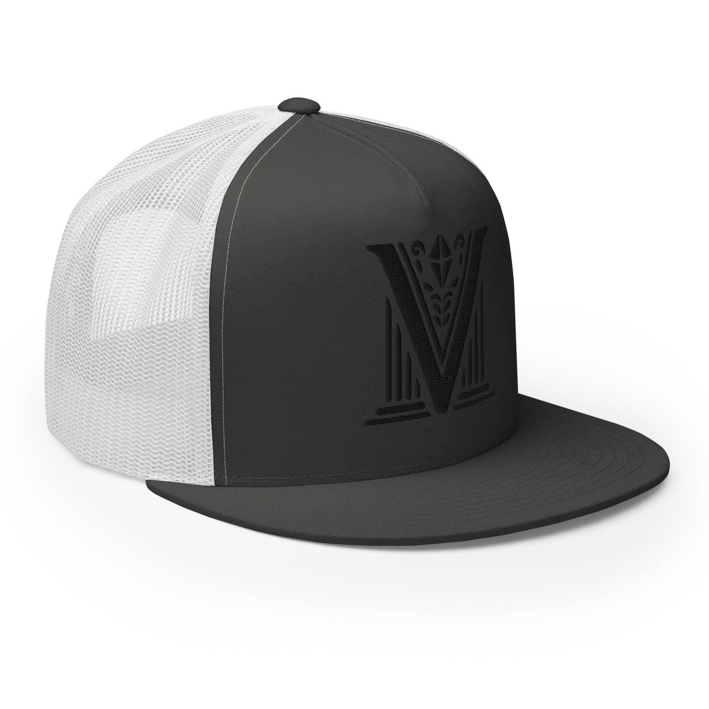 Embroidered - Black Virtus Logo Flat Billed Trucker Hat