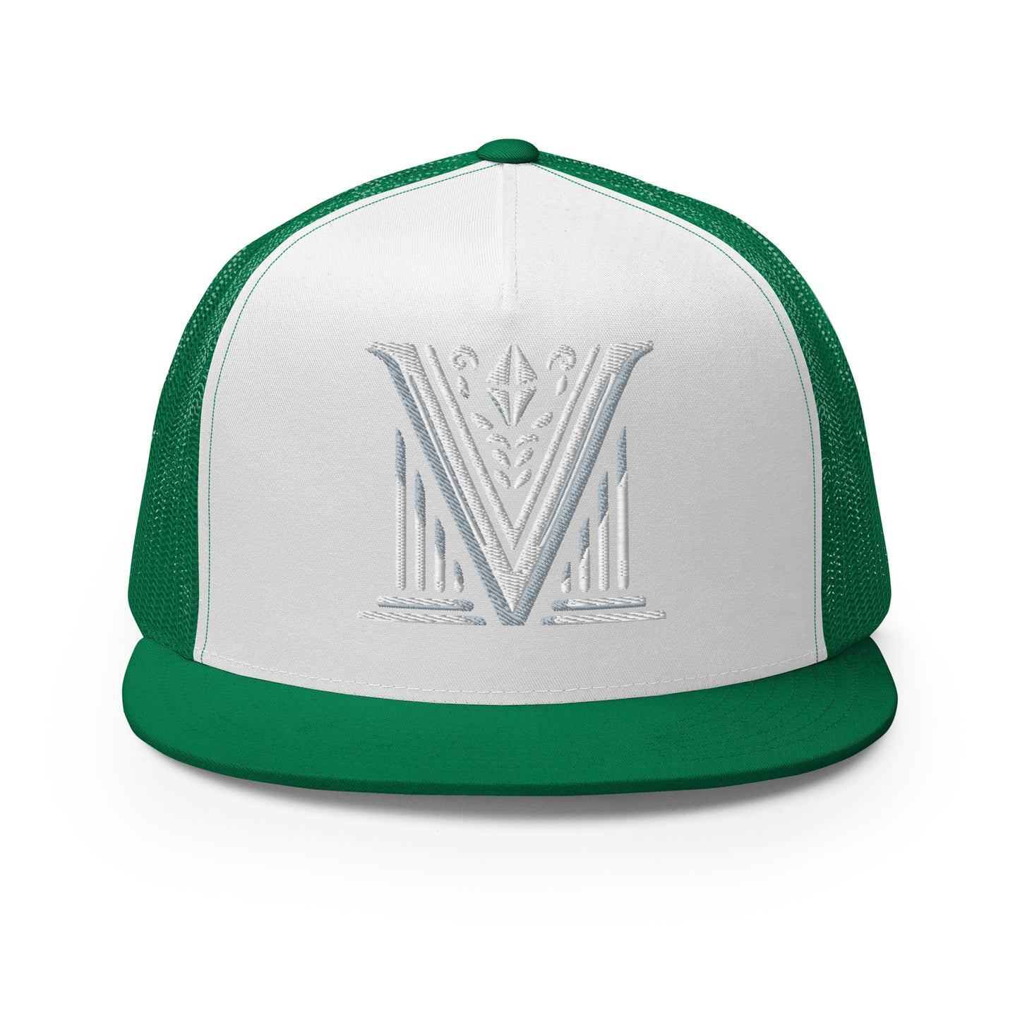 Embroidered - White Virtus Logo Flat Billed Trucker Hat