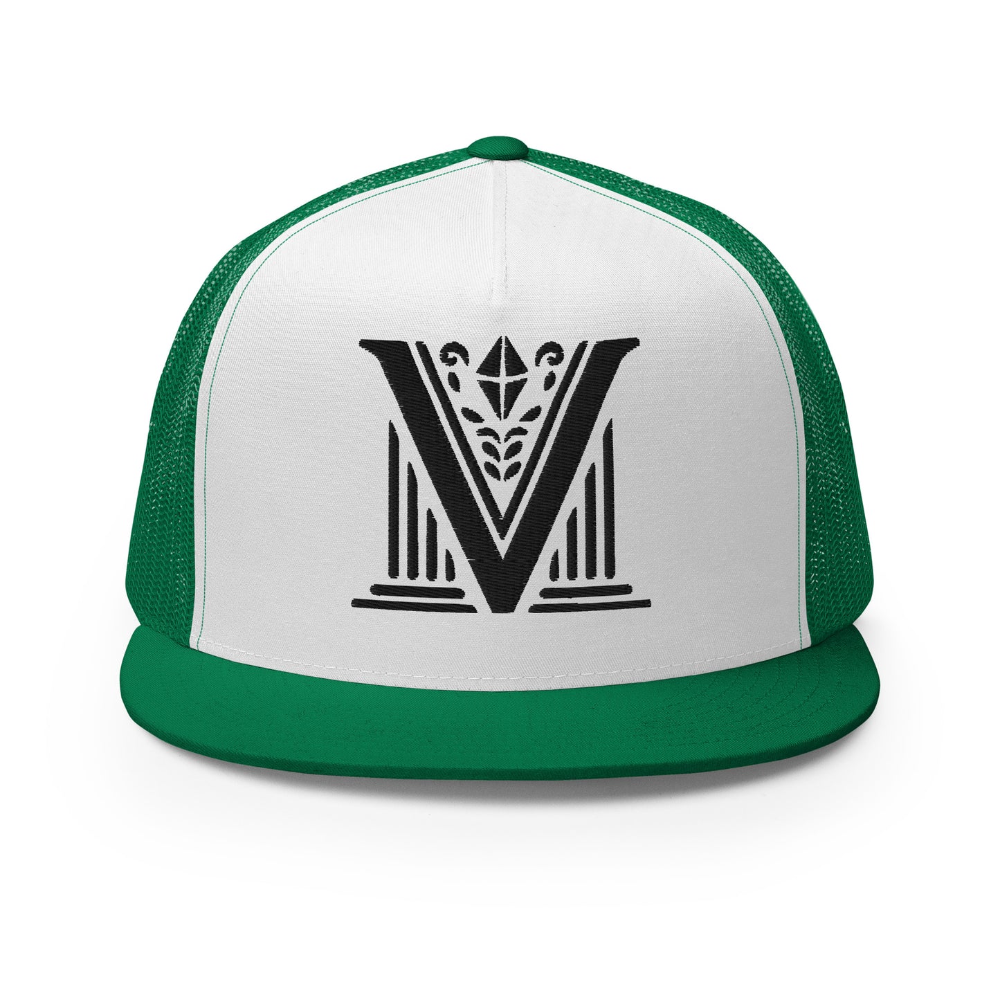 Embroidered - Black Virtus Logo Flat Billed Trucker Hat