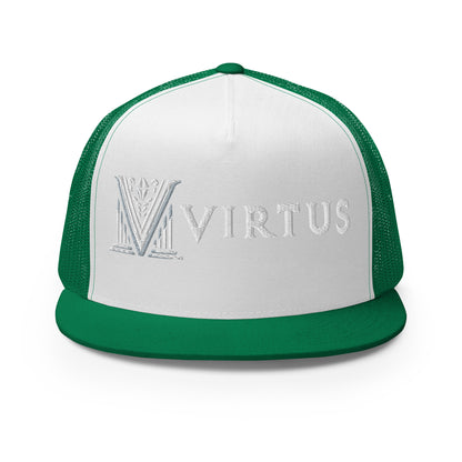 Embroidered - White Virtus Flat Billed Trucker Hat