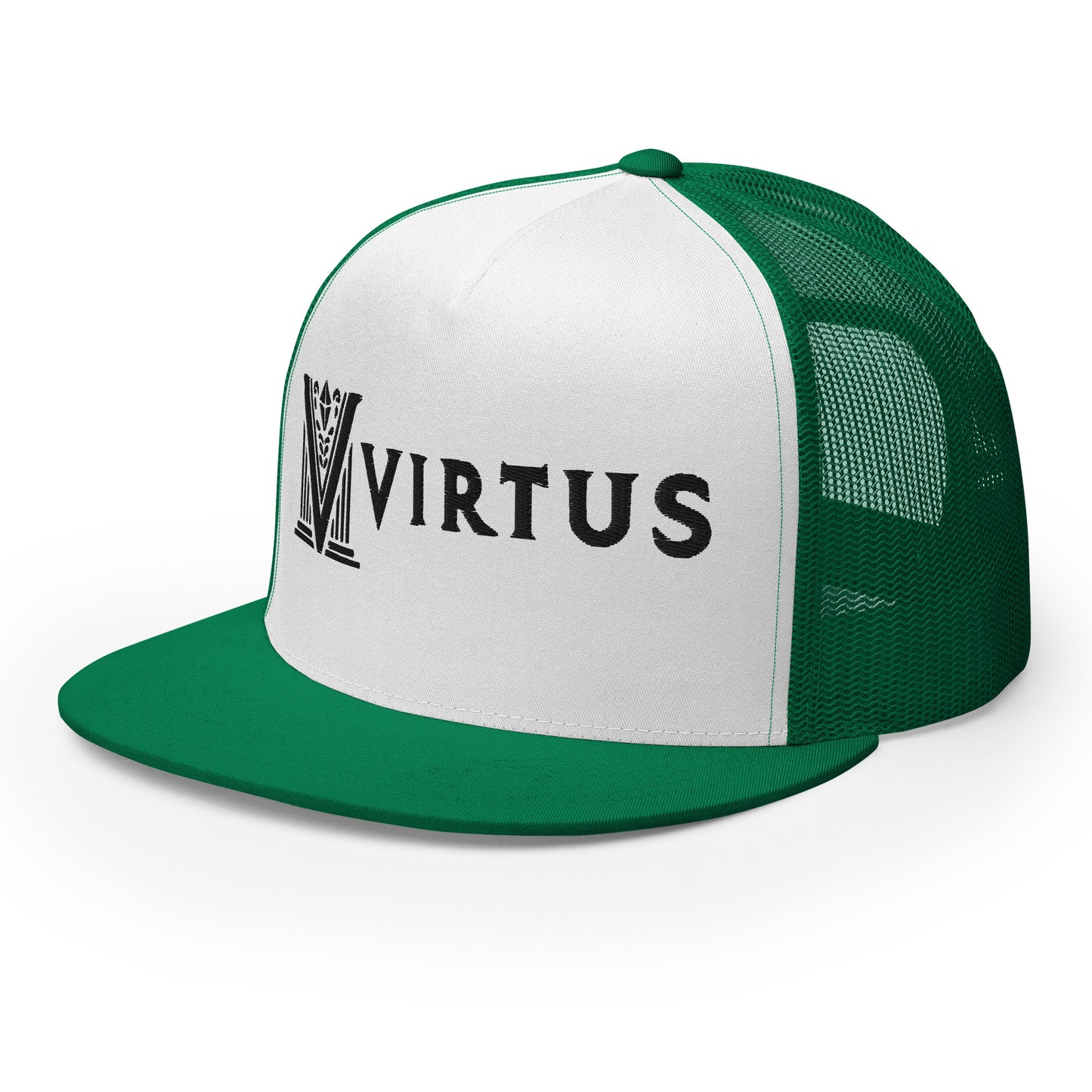 Embroidered - Black Virtus Flat Billed Trucker Hat