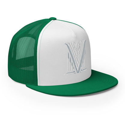 Embroidered - White Virtus Logo Flat Billed Trucker Hat