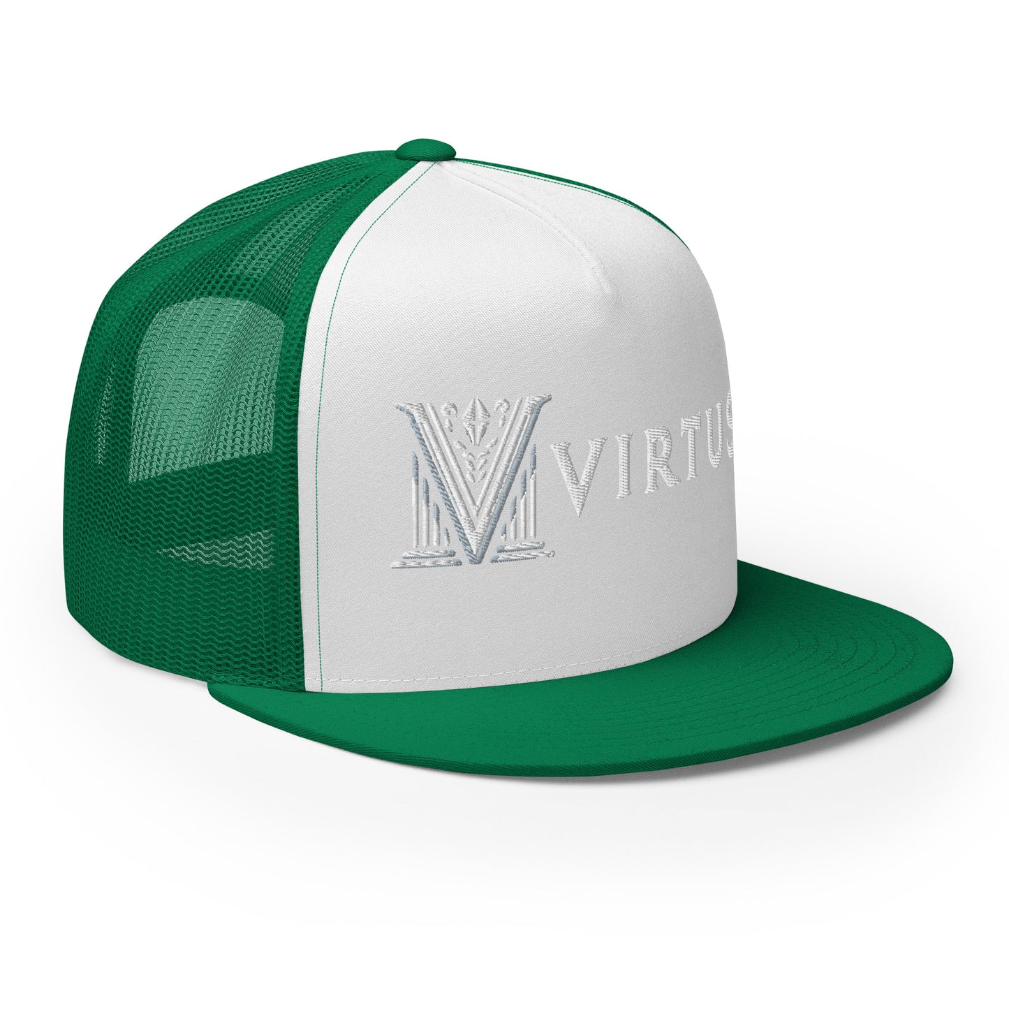 Embroidered - White Virtus Flat Billed Trucker Hat