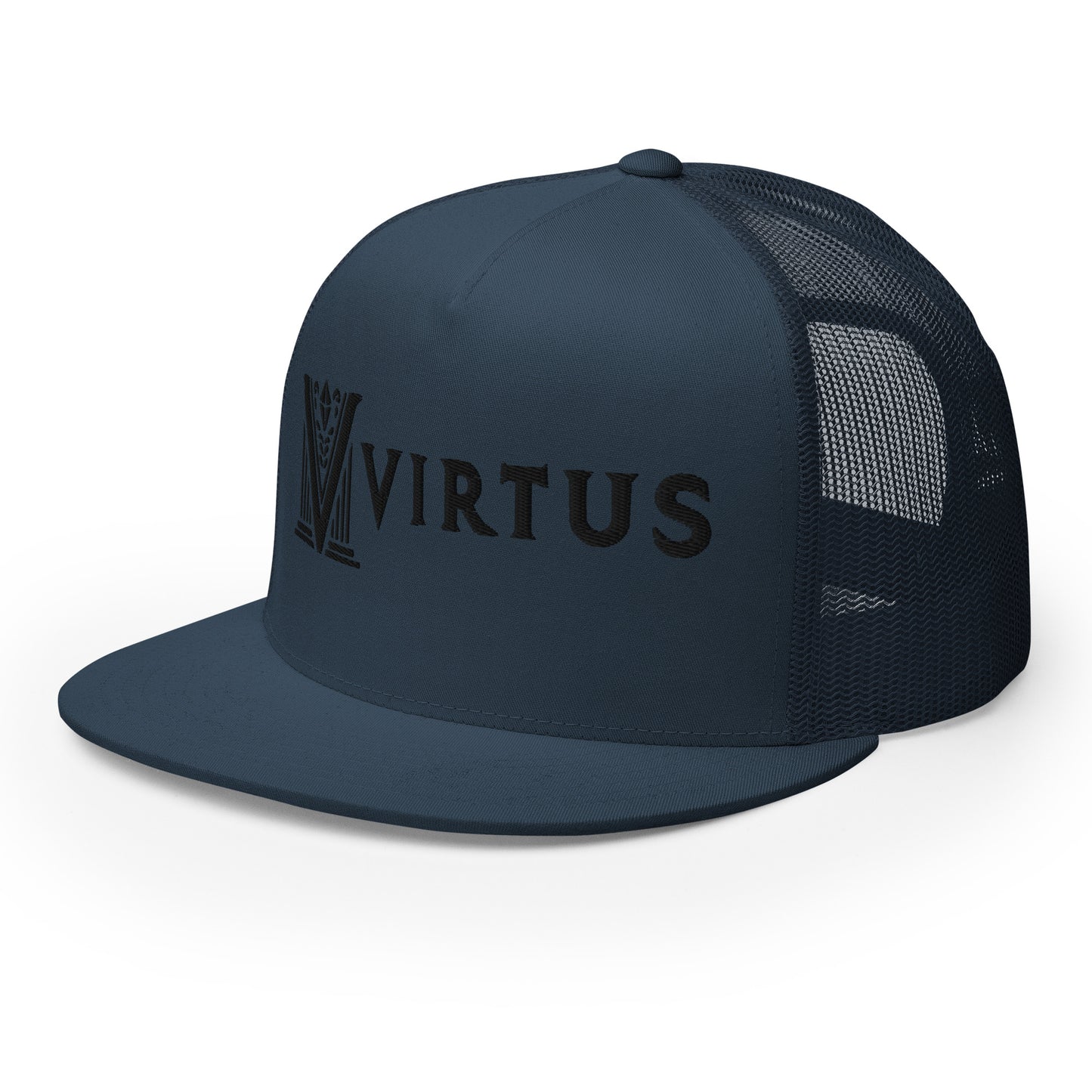 Embroidered - Black Virtus Flat Billed Trucker Hat