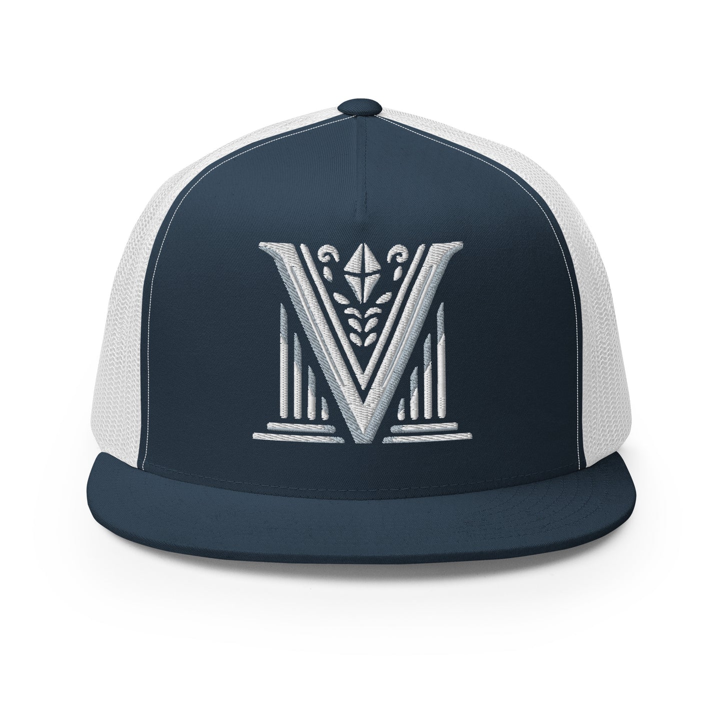 Embroidered - White Virtus Logo Flat Billed Trucker Hat