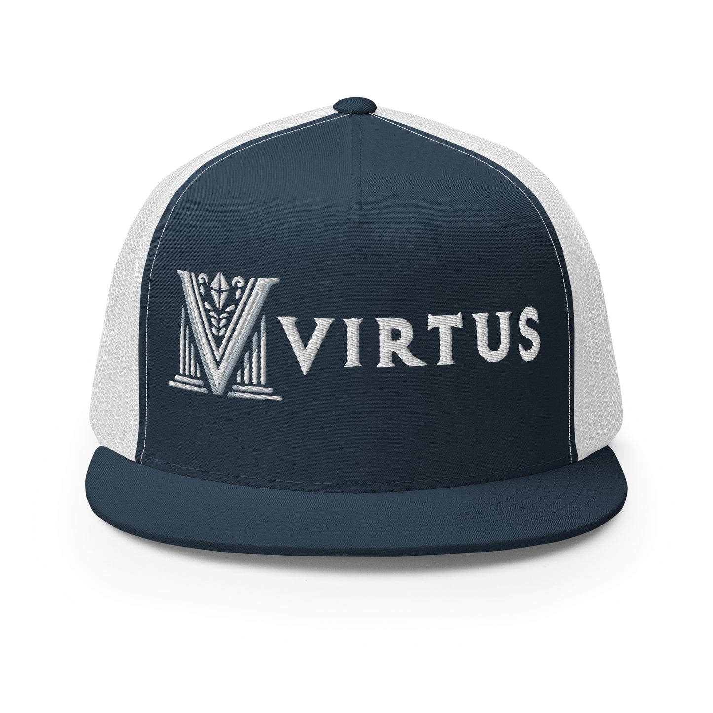 Embroidered - White Virtus Flat Billed Trucker Hat