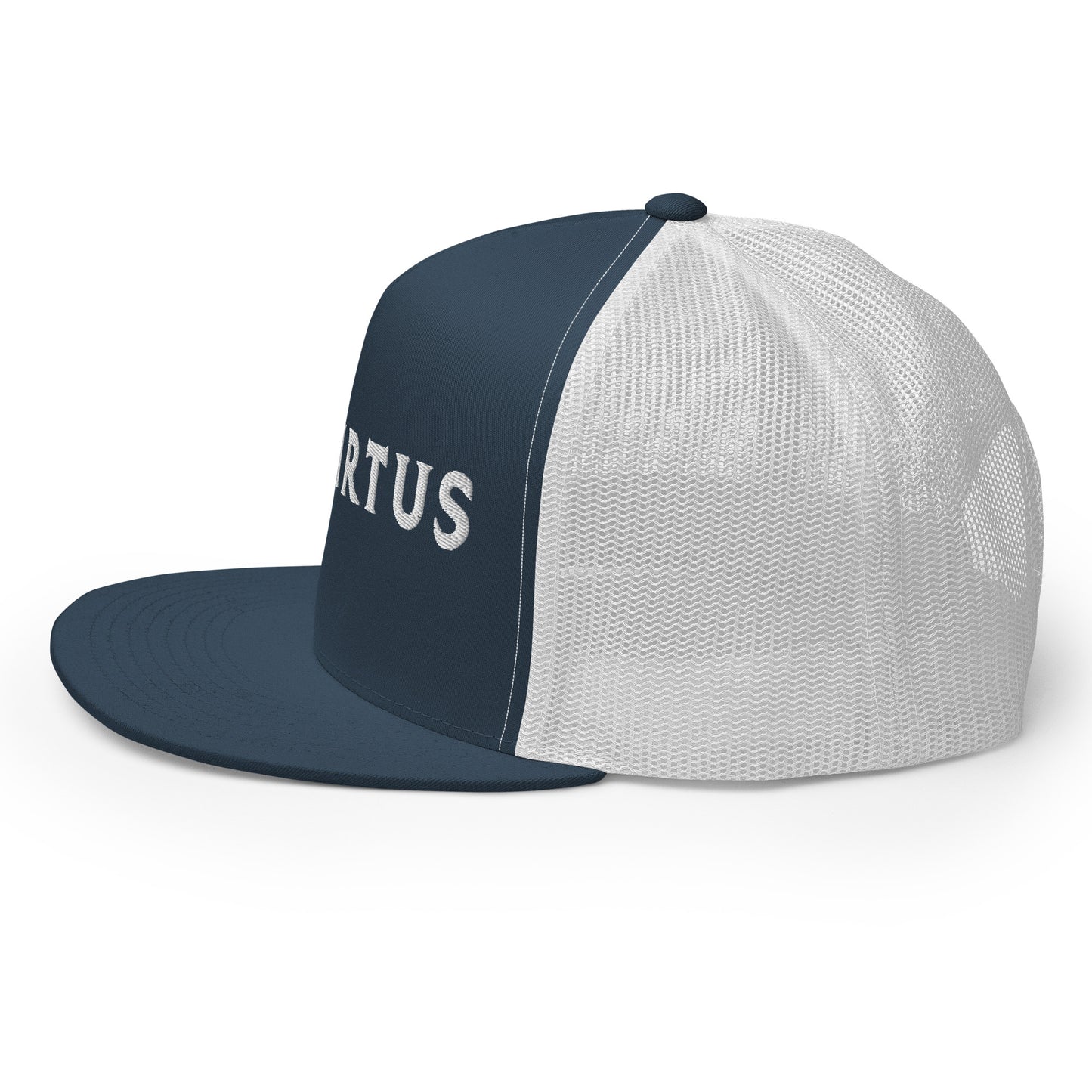 Embroidered - White Virtus Flat Billed Trucker Hat