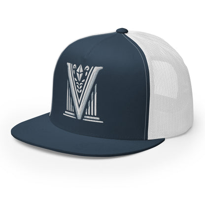 Embroidered - White Virtus Logo Flat Billed Trucker Hat