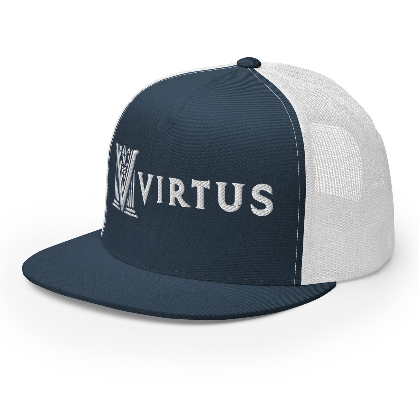 Embroidered - White Virtus Flat Billed Trucker Hat