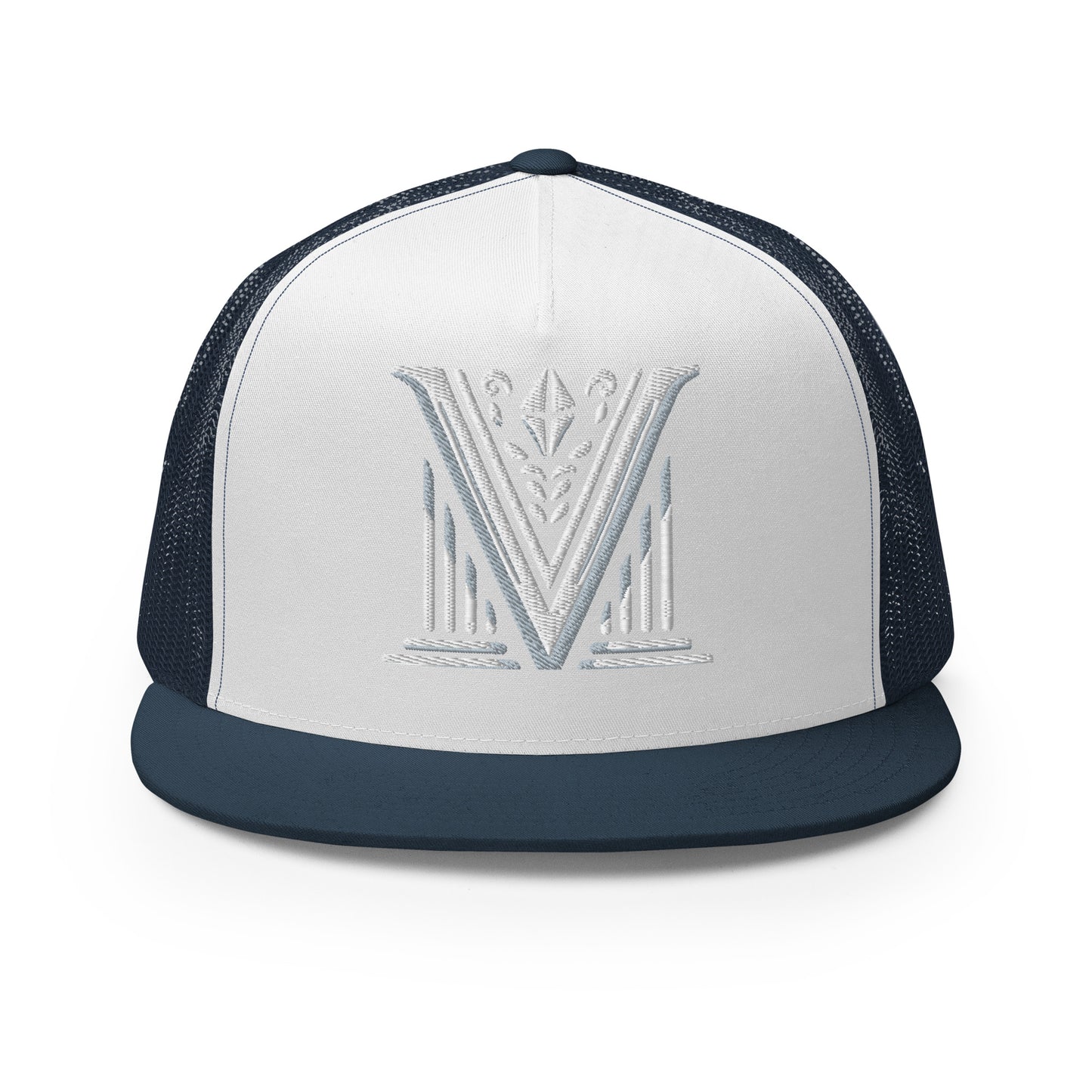 Embroidered - White Virtus Logo Flat Billed Trucker Hat