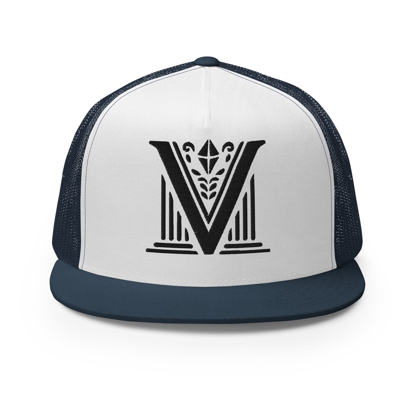 Embroidered - Black Virtus Logo Flat Billed Trucker Hat