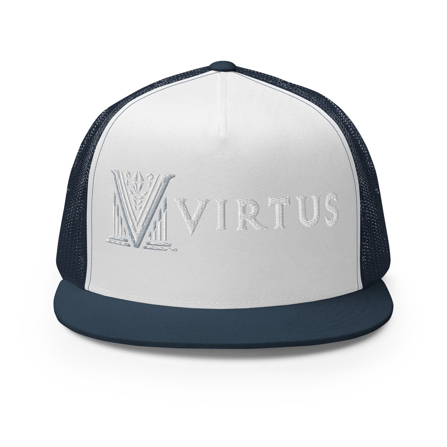 Embroidered - White Virtus Flat Billed Trucker Hat