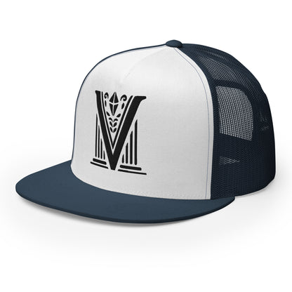 Embroidered - Black Virtus Logo Flat Billed Trucker Hat