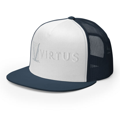 Embroidered - White Virtus Flat Billed Trucker Hat