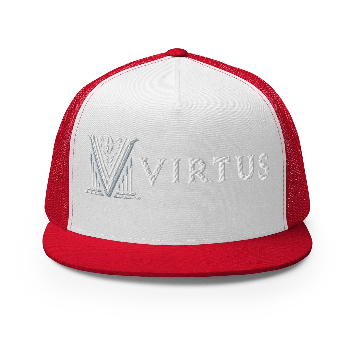 Embroidered - White Virtus Flat Billed Trucker Hat