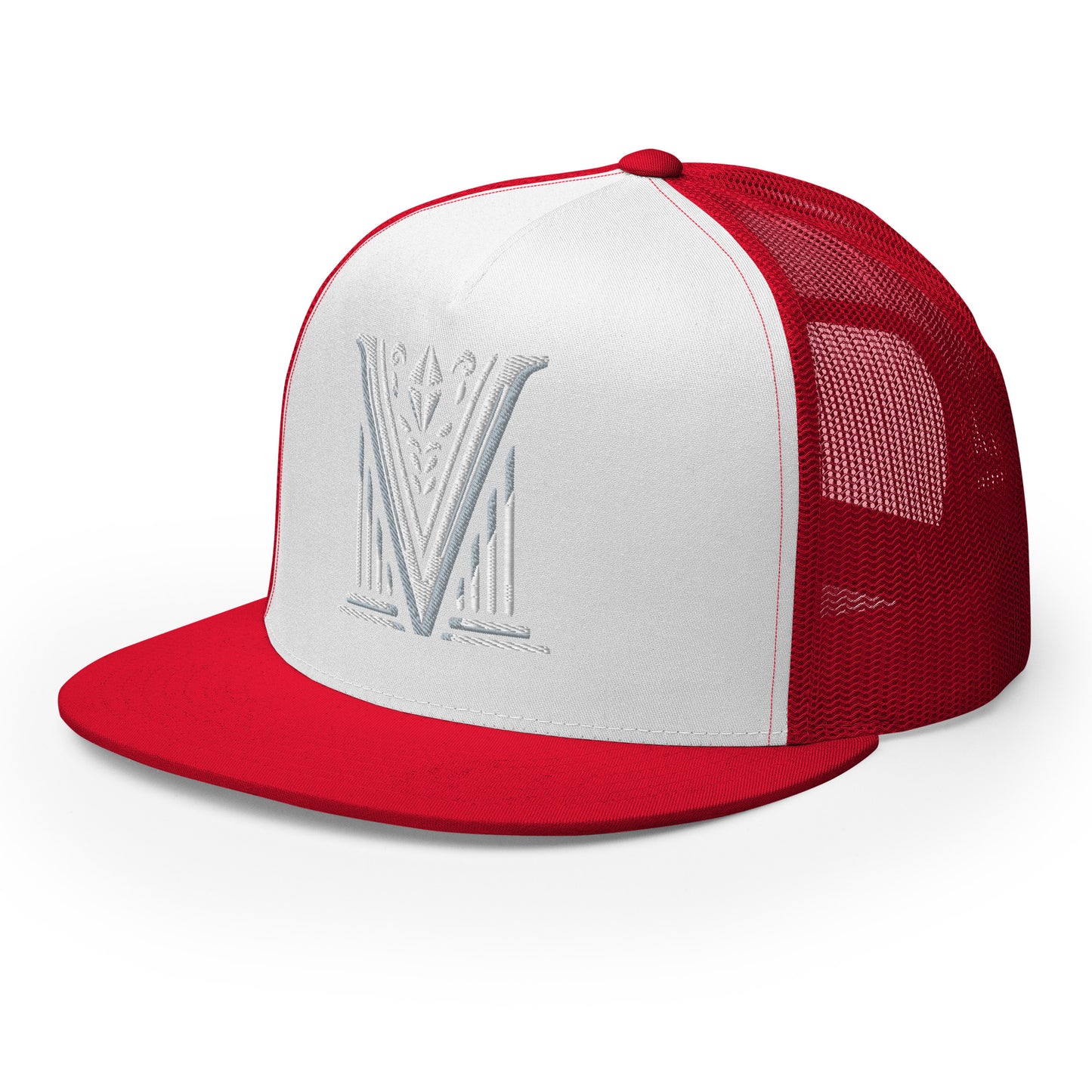 Embroidered - White Virtus Logo Flat Billed Trucker Hat