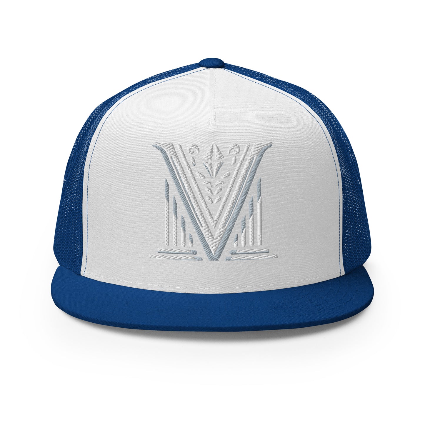 Embroidered - White Virtus Logo Flat Billed Trucker Hat