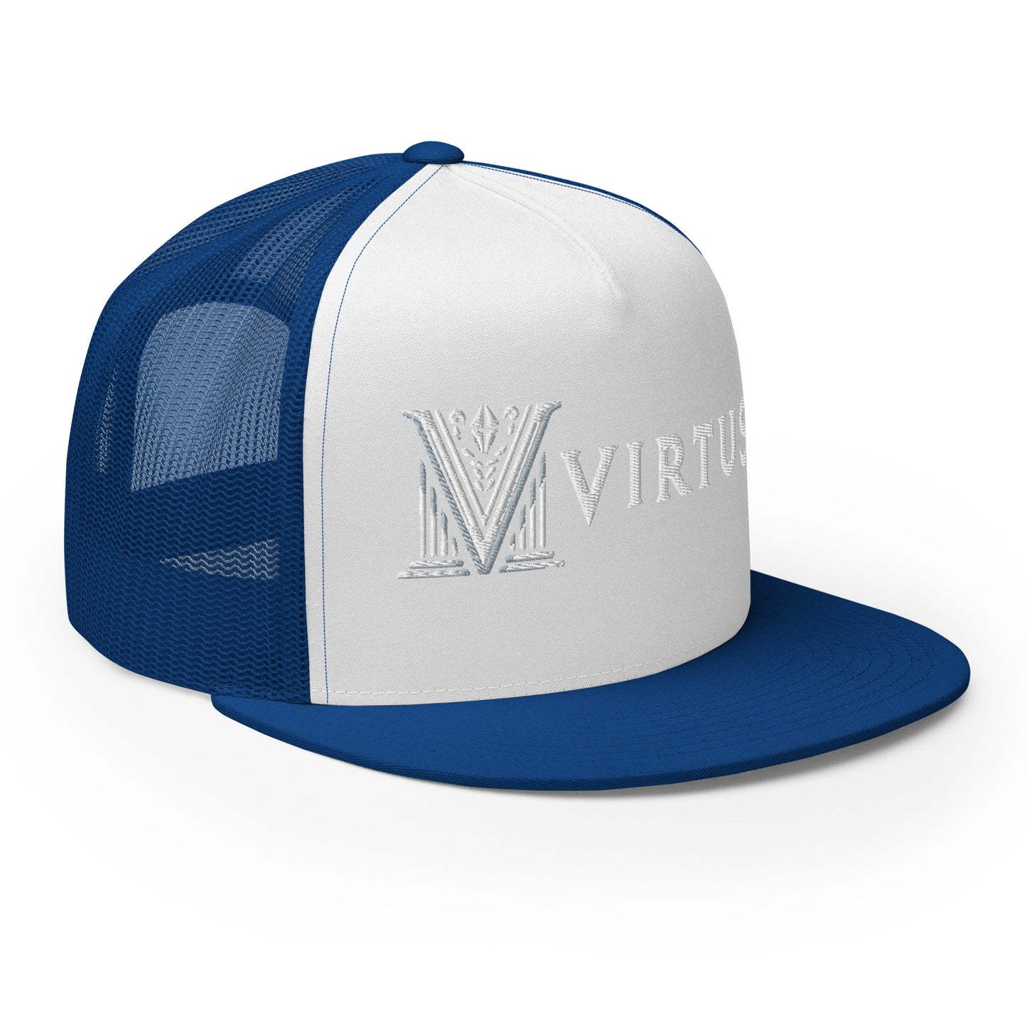 Embroidered - White Virtus Flat Billed Trucker Hat