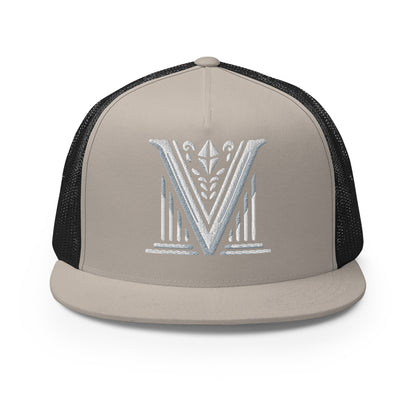 Embroidered - White Virtus Logo Flat Billed Trucker Hat